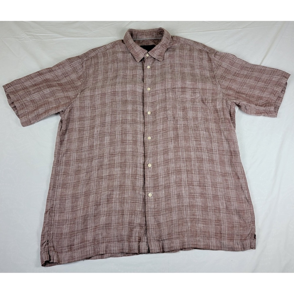Jos. A. Bank Reserve Mens XL Linen Shirt Short Sleeve Plaid Brown Button Up